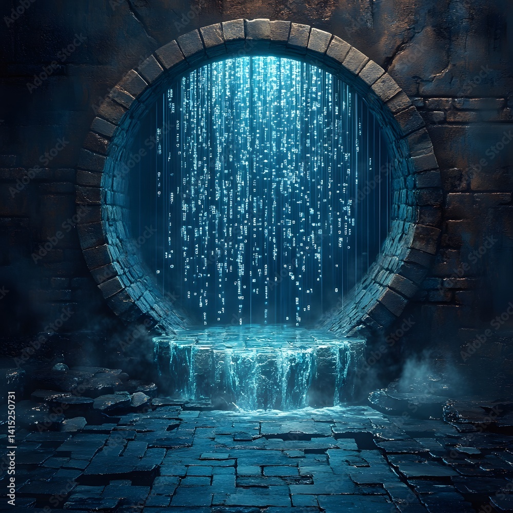Aufkleber a digital waterfall flows from a mysterious ancient sewer. blue light illuminates the scene. futuris