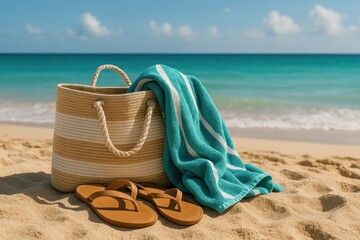Obraz premium Beach bag with towel and sandals on sandy shore 
