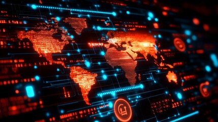 Abstract glowing world map with digital network connections, red and blue hues, dark background.