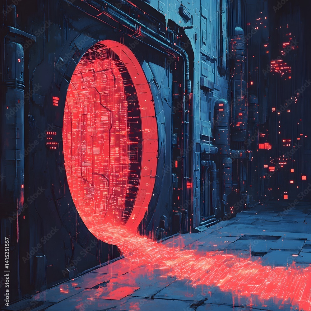 Poster a digital portal in a futuristic city, glowing red light streams out, futuristic architecture and ci