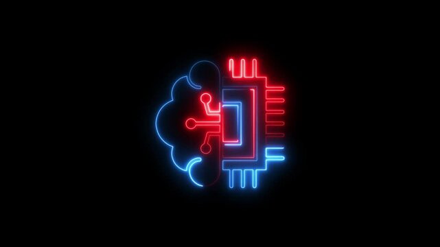 Glowing neon artificial intelligence icon isolated on black background. HD Video motion graphic animation