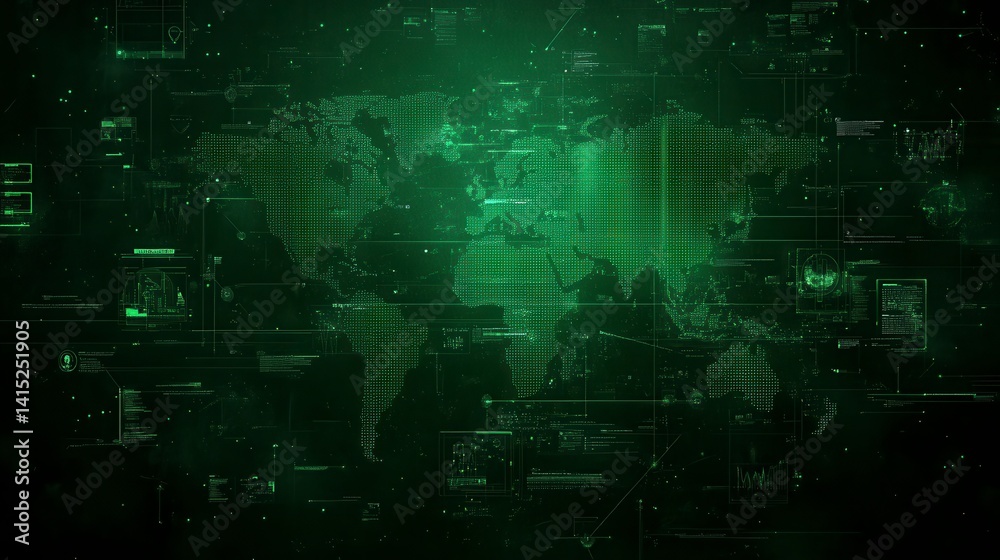 Wall mural abstract world map formed by glowing green pixels on a dark background with digital data overlay.