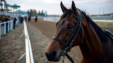 Fototapeta premium Brown racehorse poised on a racetrack.