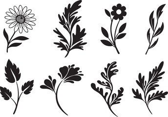  Flowers and plant icons isolated on white background. Flowers, leaves and branches silhouettes for wedding card, greeting card, poster or banner designing. 