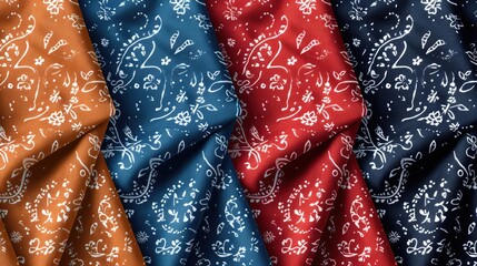 A vibrant collection of patterned fabrics in warm tones, showcasing intricate floral designs and textures