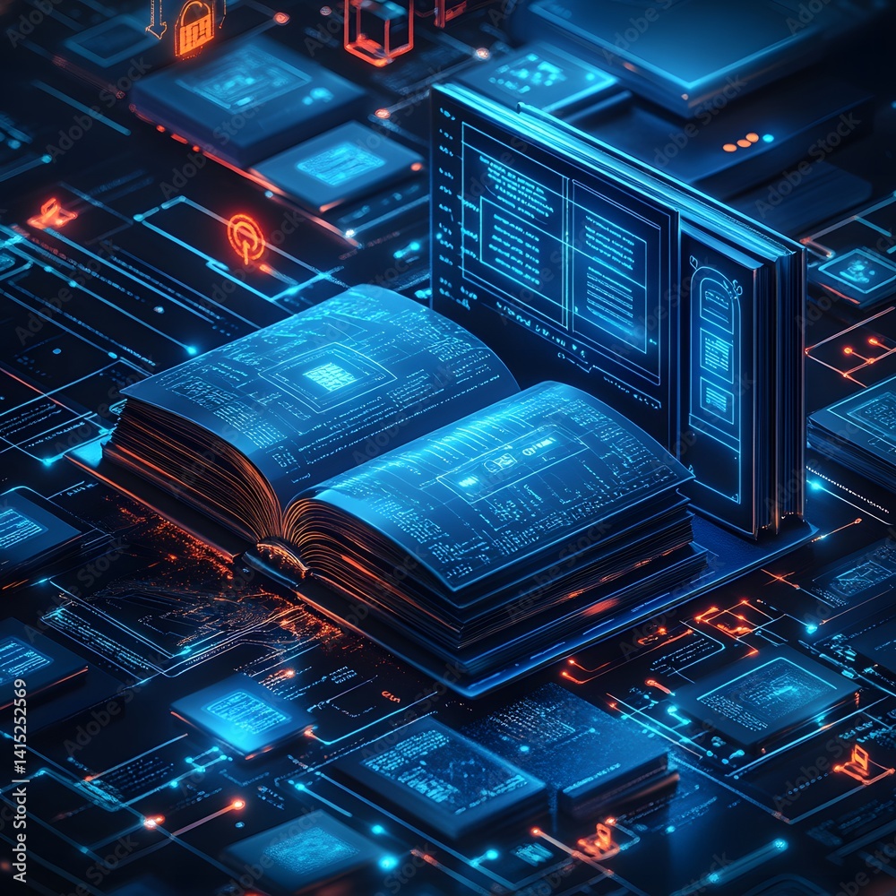 Leinwandbilder a futuristic book rests on a glowing circuit board. digital knowledge is represented by glowing text