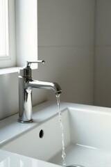 Clean Modern Bathroom Faucet with Running Water in a Simple White Sink