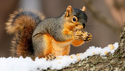 Fototapeta premium Squirrel feeding on nuts in snow