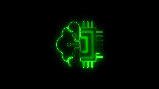 Glowing neon artificial intelligence icon isolated on black background. HD Video motion graphic animation