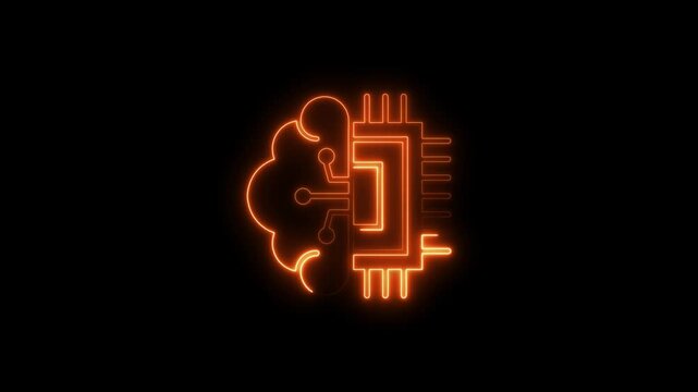 Glowing neon artificial intelligence icon isolated on black background. HD Video motion graphic animation