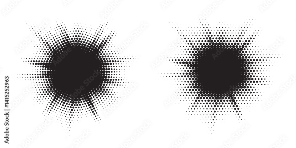 Poster Halftone circle frame background set. Round border Icon using halftone random circle. Grunge circular stain. Vector illustration.