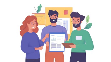 Happy professionals gathered around a coworker who is showing a new project plan on a tablet in a shared office