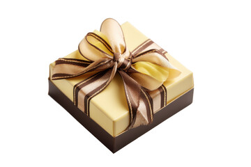 Fototapeta premium A Gift of Elegance: A Square Box with a Luxurious Brown and Gold Ribbon, Ready to Delight and Surprise with its Contents.