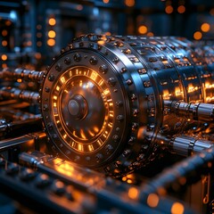 Close-up of a futuristic industrial machine, glowing orange and blue. High-tech, detailed design. Futuristic Technology Backgrounds A Glowing Core of Technological Marvel