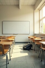 Empty classroom desks and chairs with a backpack on the floor, sunlight streaming through a large window