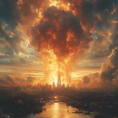 Fototapeta premium Devastating nuclear explosion with city skyline under massive fiery mushroom cloud image