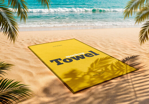 Towel Mockup with Palm Shadows on Sandy Beach