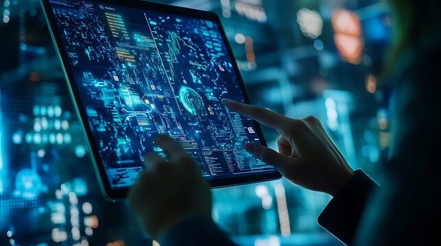 IT professionals reviewing technical data on a tablet during a strategy meeting in a tech office