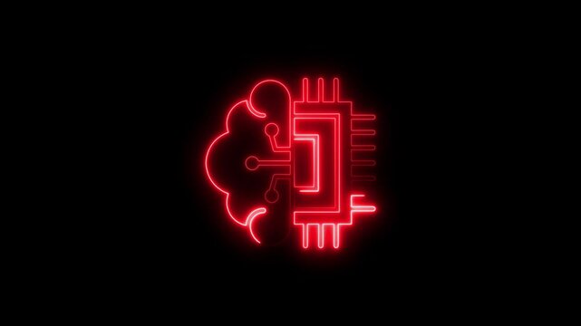 Glowing neon artificial intelligence icon isolated on black background. HD Video motion graphic animation