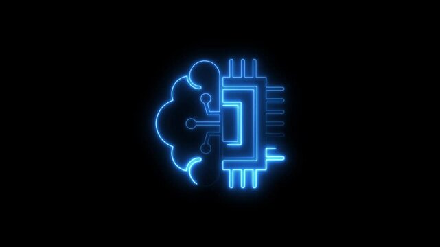 Glowing neon artificial intelligence icon isolated on black background. HD Video motion graphic animation