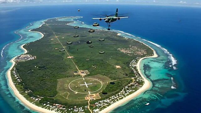 Aerial View of Island Supply Delivery from Aircraft Slow Motion