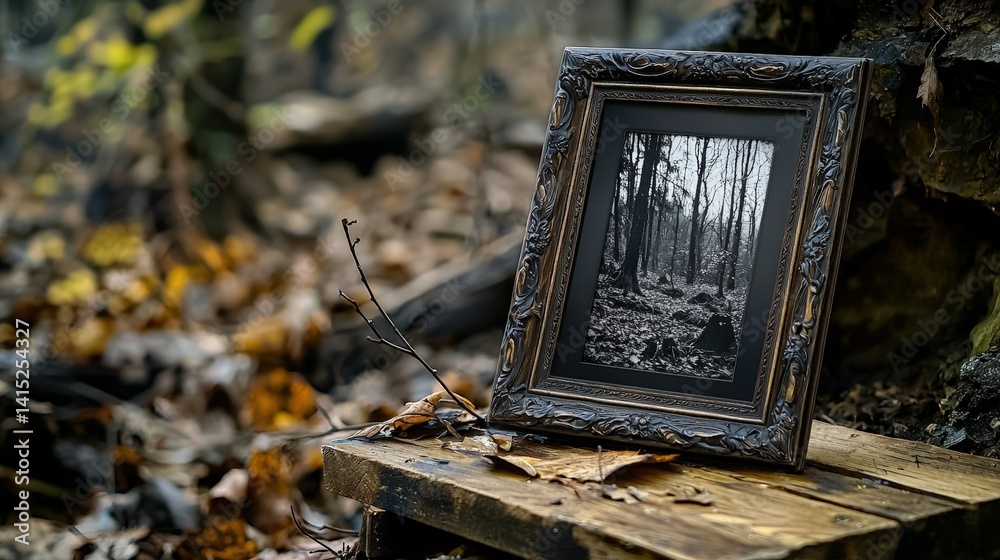 Poster framed black and white photograph forest clearing art display rustic environment artistic perspectiv