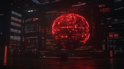Obraz premium Glowing red sphere in futuristic cityscape at night. Dark, atmospheric scene with red lights and city buildings.