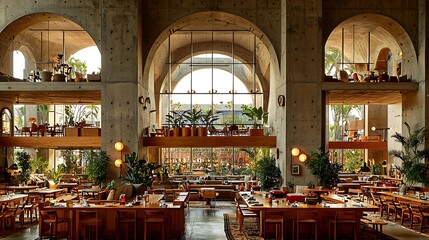 Spacious, light-filled dining hall with arched concrete structure.  Interior design with wooden furniture and lush plants.  Sunlight streams through large windows
