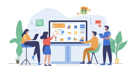 Multi-role team discussing task delegation using a tablet to show visual scheduling tools