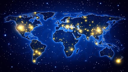 Fototapeta premium Glowing cities on a dark blue world map against a starry night background. Illuminated continents and bright city lights.