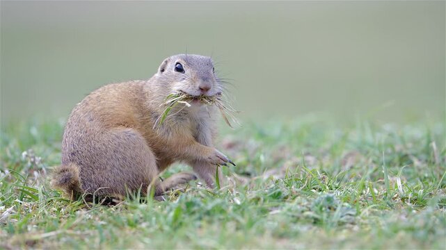 European Ground Squirrel (Spermophilus citellus) Foraging in a Meadow on a Sunny Summer Day