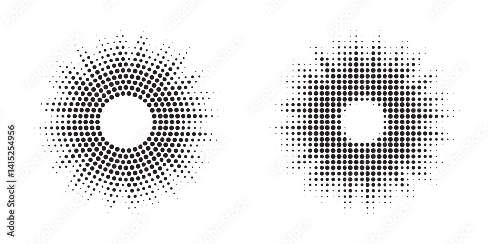 Poster Halftone circle frame background set. Round border Icon using halftone random circle. Burst Halftone light effect. Glowing light burst. abstract grunge halftone dots background. Vector illustration.	