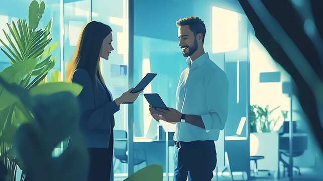 Productive business environment with cheerful employees using a tablet to update project status