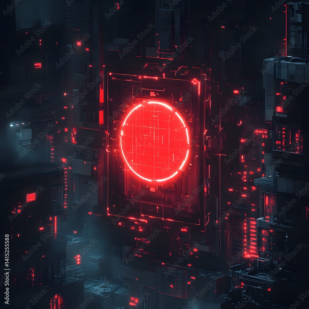 Poster futuristic cityscape with red neon lights and glowing core. futuristic technology backgrounds cyberp