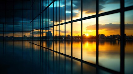 Fototapeta premium Sunset cityscape view through large glass windows of a modern building, reflecting golden light on the floor.