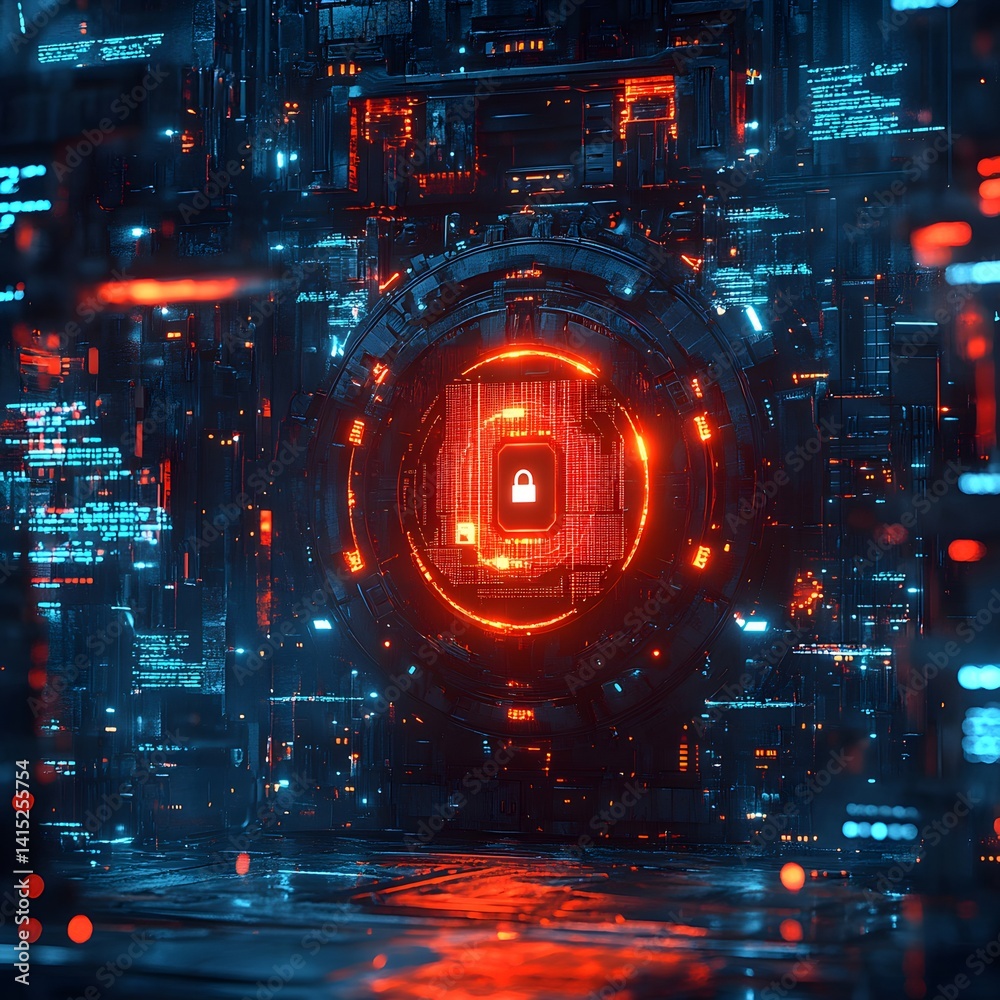 Leinwandbilder A digital fortress safeguarding data. Cybersecurity concept. Neon lights and glowing circuits. Futuristic Technology Backgrounds Cybersecurity System: Digital Fortress of Data Protection