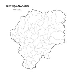 Vector Map of Bistrița-Năsăud County (Județul Bistrița-Năsăud) with all Administrative Territorial Units (UAT) including Municipalities (Municipii), Towns (Orașe) and Communes (Comune) - Romania 2025