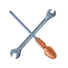 The wrench and screwdriver are drawn crosswise by hand. Watercolor illustration. Working tools for home renovation.