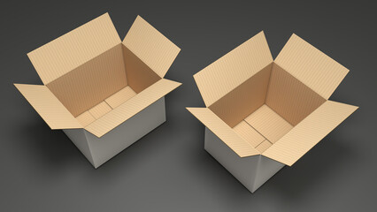 Open cardboard box mockups. 3d illustration on gray background