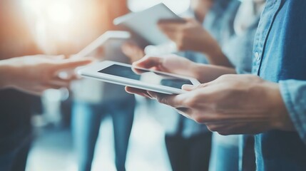 Tech startup team standing around a tablet during a stand-up meeting in a shared office