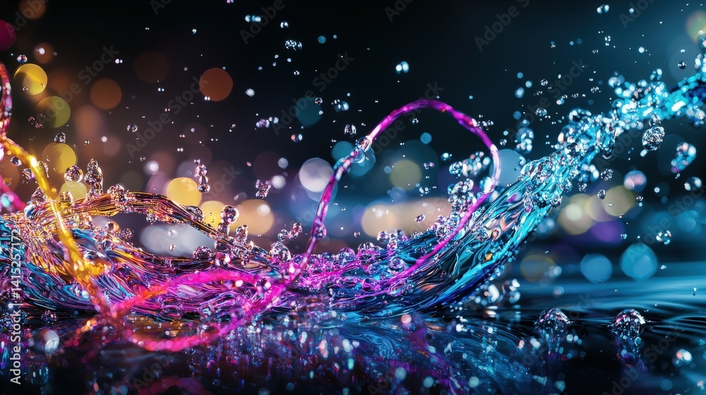 Poster Vibrant water splash action studio setting photography colorful environment close-up view dynamic motion