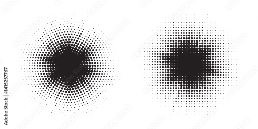 Poster Halftone circle frame background set. Round border Icon using halftone random circle. Grunge circular stain. Vector illustration.