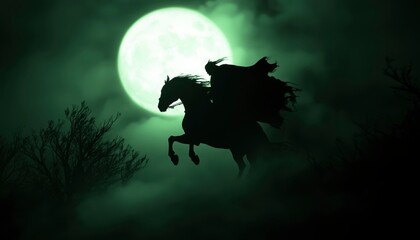 Dark Horseman silhouette, moonlit night