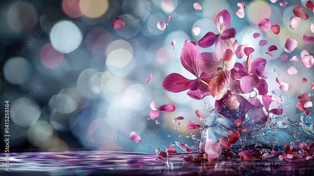 Poster dynamic splash of orchid petals serene water surface artistic photography dreamy bokeh background cl