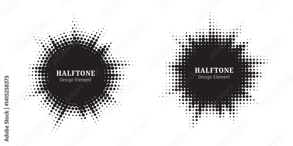 Poster Halftone circle frame background set. Round border Icon using halftone random circle. Grunge circular stain. Vector illustration.