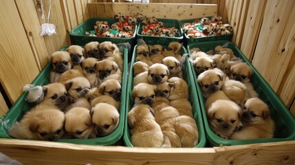 Many tiny puppies in plastic containers
