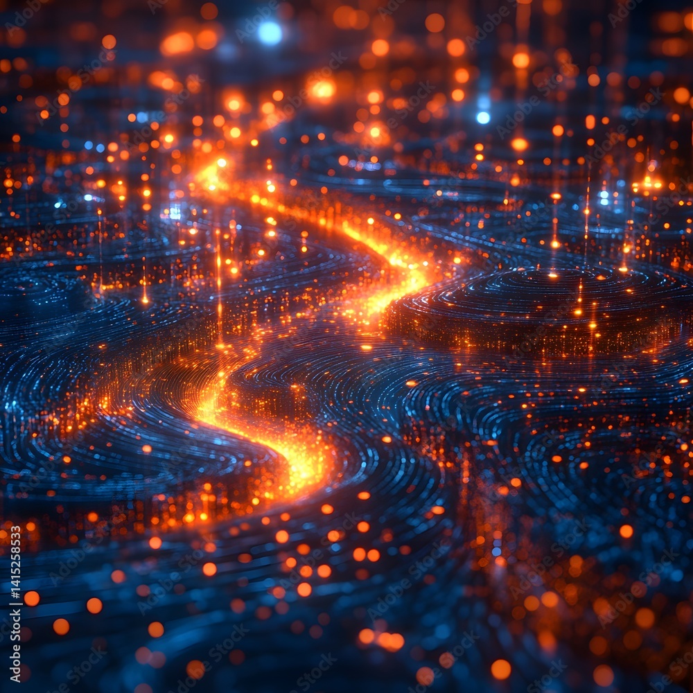 Poster digital art depicting a river of light. orange hues flow through a dark blue landscape. glowing part