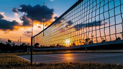 Sunset volleyball match beach court action scene evening atmosphere low angle view sports enthusiasm