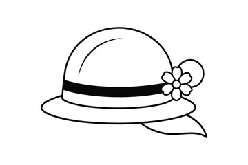 Line art illustration of a cloche hat with a ribbon band and a small flower on the side.eps