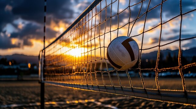 Beach volleyball match at sunset outdoor sports event dynamic setting captivating viewpoint active lifestyle